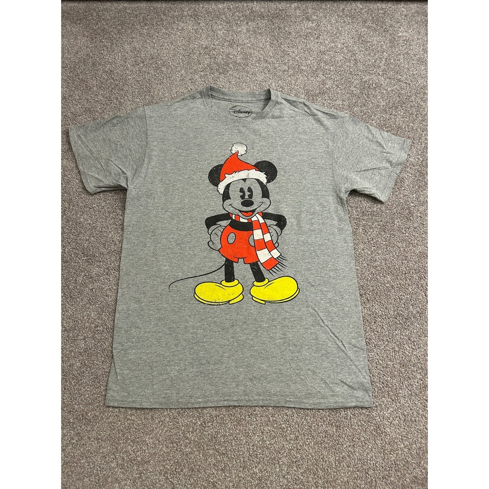 Disney Mickey Mouse T-Shirt Mens Medium Gray Excellent Santa Scarf Graphic Tee